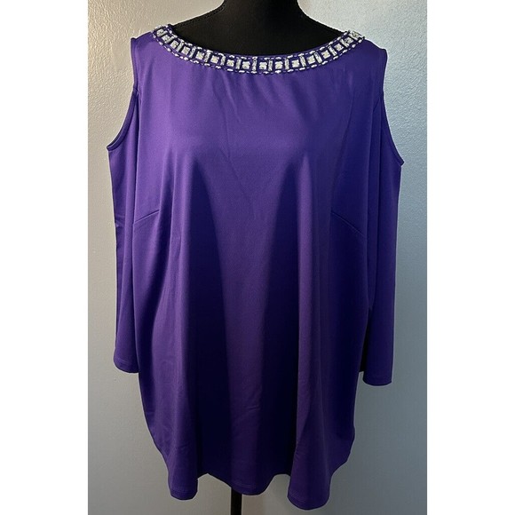 Susan Graver Womens 3X Purple Jeweled Neck Blouse Cold Shoulder Top Tunic NWT - Picture 1 of 8